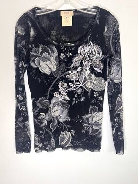 Vintage 90s Fuzzi Italy Floral Sequin Mesh Long Sleeve Top Y2K Sz M